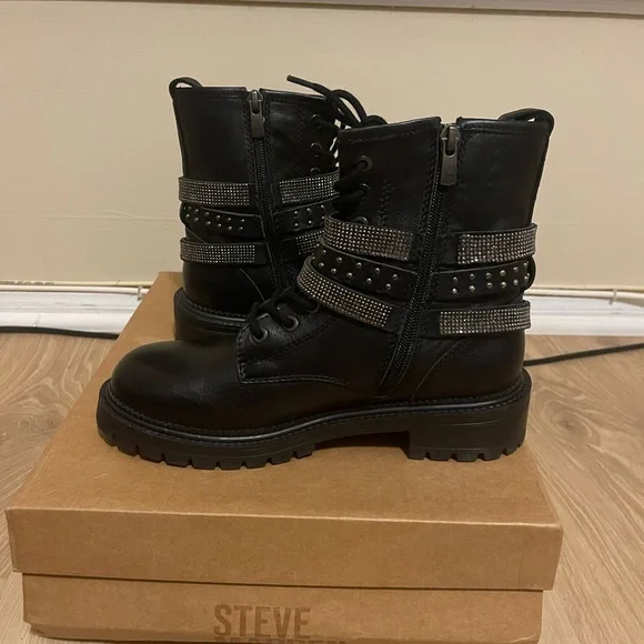 Steve Madden Black Combat Boots with zipper/lace-up with rhinestones. - Picture 3 of 15